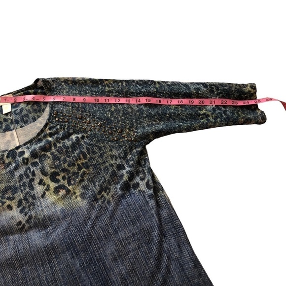 Chico’s Albany Crochet Studded Blue with Green Brown Cheetah Tunic. Size L. EUC - Picture 11 of 11